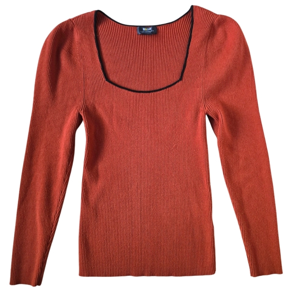 Maeve Anthropologie Ribbed Knit Top Square Neck Rust Orange Medium Puff Sleeve - Picture 4 of 4